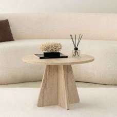 Mushroom Round Wooden Coffee Table in Travertine Marble Effect - UK