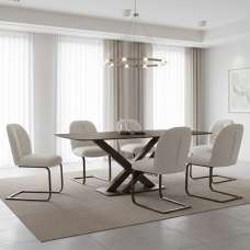 Myrex Walnut Sintered Stone Dining Table with 6 White Chairs - UK