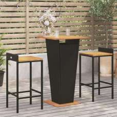 Naava Solid Wood 3 Piece Garden Bar Set In Black Poly Rattan - UK