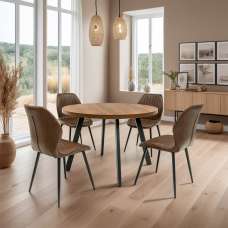 Nassau Dark Oak Small Round Wooden Dining Table with 4 Foni Tan Chairs - UK