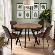 Nassau Dark Oak Small Round Wooden Dining Table with 4 Pomia Tan Chairs - UK