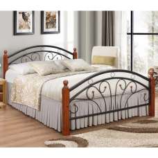 Natick Metal Small Double Bed With Wooden Pillar In Dirty Oak - UK