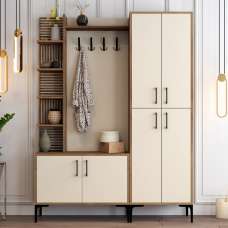 Nestor Wooden Coat Stand with 6 Doors in Walnut and Cream - UK