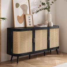 Niven Wooden Storage Cabinet with 3 Rattan Doors in Black - UK