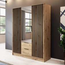 Newberry Mirrored Wardrobe With 3 Hinged Doors 155cm In Artisan Oak - UK