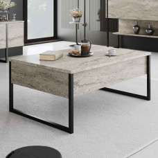 Nordic Wooden Coffee Table with Black Metal Frame in Travertine Marble Effect - UK
