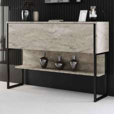 Nordic Wooden Console Table With Black Metal Frame in Travertine Marble Effect - UK
