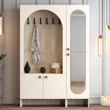Nordo Wooden Coat Stand with Mirror in Cream and Travertine Marble Effect - UK