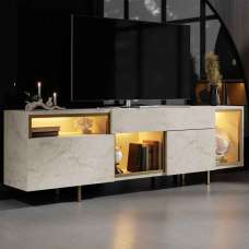 Norm Wooden LED TV Stand with 2 Doors in Travertine Marble Effect and Gold - UK