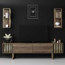 Novara Wooden Entertainment Unit with 2 Wall Shelves Walnut and Gold - UK