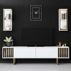 Novara Wooden Entertainment Unit with 2 Wall Shelves White and Gold - UK