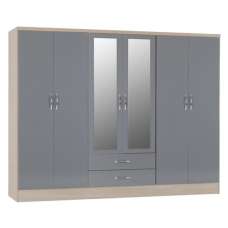 Mack Oak Wooden Wardrobe With 6 Doors Grey Gloss Front - UK