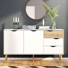 Oklo Wooden Sideboard With 2 Doors 3 Drawers In White And Oak - UK