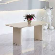 Olyra Travertine Marble Effect Sintered Stone Top Dining Table with Satin Cream Base - UK