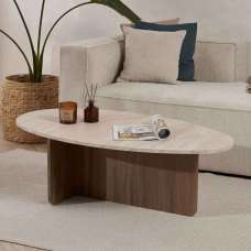Onara Oval Wooden Coffee Table in Travertine Marble Effect and Venezia Walnut - UK