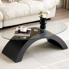 Opel Oval Clear Glass Coffee Table With Black Oak Wooden Base - UK