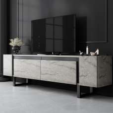 Orlento Wooden TV Stand with Black Metal Legs in Travertine Marble Effect - UK