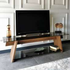 Osari Black Tempered Glass Top TV Stand with Solid Wood Walnut Frame - UK