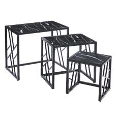 Ovid High Gloss Black Marble Effect Nest Of 3 Tables With Black Frame - UK