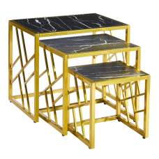 Ovid High Gloss Black Marble Effect Nest Of 3 Tables With Gold Frame - UK