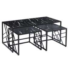 Ovid High Gloss Black Marble Effect Nesting Coffee Tables With Black Frame - UK