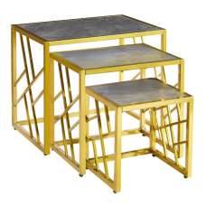 Ovid High Gloss Grey Marble Effect Nest Of 3 Tables With Gold Frame - UK