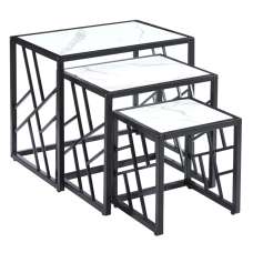 Ovid High Gloss White Marble Effect Nest Of 3 Tables With Black Frame - UK
