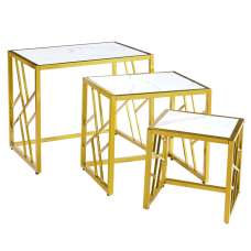 Ovid High Gloss White Marble Effect Nest Of 3 Tables With Gold Frame - UK
