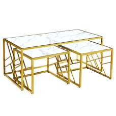 Ovid High Gloss White Marble Effect Nesting Coffee Tables With Gold Frame - UK