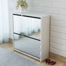 Ozark Mirrored Shoe Storage Cabinet With 2 Flip Doors In White - UK