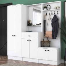 Palero Wooden Hallway Furniture with Coat Rack and Mirror in White - UK