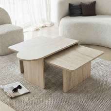 Paris Wooden Nesting Coffee Tables in Travertine Marble Effect - UK