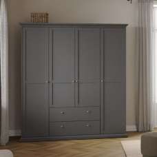 Paroya Wooden Wardrobe with 4 Doors 2 Drawers In Matt Grey - UK