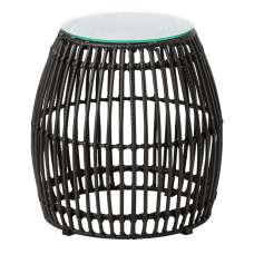 Ponoka Glass Top Outdoor Side Table With Rattan Base In Black - UK