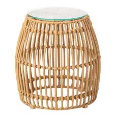 Ponoka Glass Top Outdoor Side Table With Rattan Base In Natural - UK