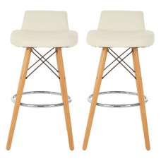 Porrima White Faux Leather Bar Stools With Natural Legs In Pair - UK