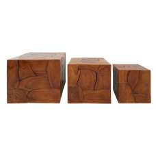 Praecipua Square Set Of 3 Teak Wooden Stools In Brown - UK