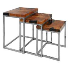 Praecipua Wooden Nest Of 3 Tables With Steel Base In Natural - UK