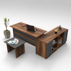 Prescott Wooden Corner Computer Desk with Coffee Table Set in Walnut and Anthracite - UK