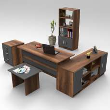 Prescott Wooden Corner Executive Office Furniture Set with Bookcase in Walnut and Anthracite - UK