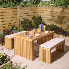 Prestige Wooden Garden Dining Table With 2 Benches and Cushions In Natural - UK