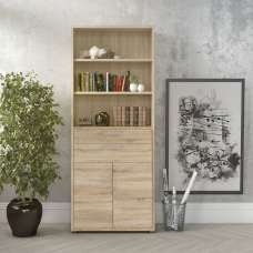 Primora Tall Wooden Office Storage Cabinet with 2 Drawers 2 Doors In Oak - UK