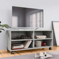 Qusay Wooden TV Stand With Castors In Concrete Effect - UK