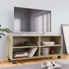 Qusay Wooden TV Stand With Castors In Sonoma Oak - UK