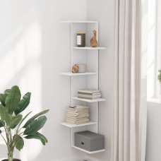 Ravena Wooden Corner Wall Shelf With 5 Shelves In White - UK