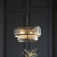 Rayong 5 Light Ribbed Glass Pendant Ceiling Light In Antique Brass - UK