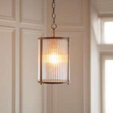 Rayong Ribbed Glass Pendant Ceiling Light In Antique Brass - UK