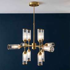 Reno 12 Light Ribbed Glass Pendant Ceiling Light In Satin Brass - UK
