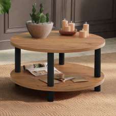 Rivio Round Wooden Coffee Table in Atlantic Pine and Black - UK