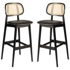 Romney Black Rattan Bar Stools With Leather Seat In Pair - UK